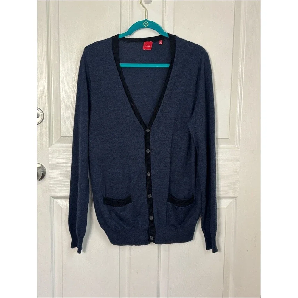 RED SAKS FIFTH AVE Merino Wool Blend Navy Contrast Trim Cardigan Sweater Size M